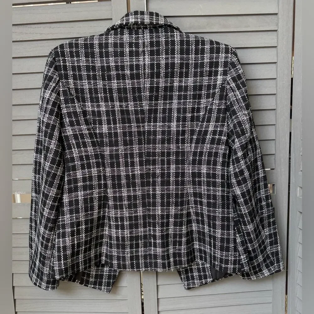 Mina Self Black White Plaid Blazer Small Double Breasted Cropped Jacket